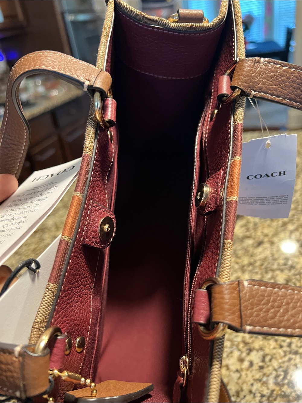 Coach Brown Signature Stripe Tote with Burgundy Accents - Picture 2 of 3